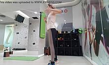 Cute blonde teen warming up at the gym! 😍