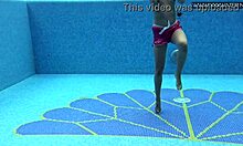 Cute shy Czech teen Lady Dee swimming in pool.