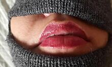 Blowjob closeup with wet tongue action from submissive friend in costume. Blindfolded POV with big cock face fucking thrills