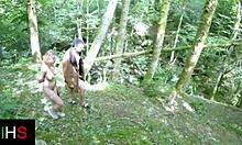 Wild foursome outdoors with tattooed whore riding and licking in anal play