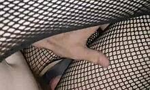 Young blonde gets her feet fucked in fishnet stockings