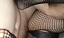Young blonde gets her feet fucked in fishnet stockings