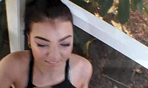 18yo thick thighed teen Aries Ackerman milks big black dick poolside for interracial cum on her big perky titties with pink nipples.