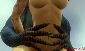 大胸妓女在3D中忍受蜥蜴人双插