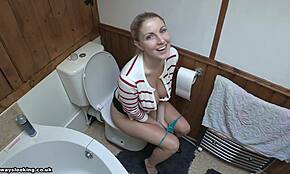 Ponytailed Blonde Strips Panties to Pee in Secret