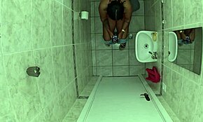 went to friend's bathroom to pee, ended up jerking, forgot to lock, buddy came in and slammed her hard