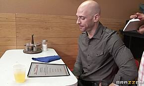 Bald goddess sucks massive boner on her knees