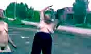 hey, check this drunk Russian granny flashing tits with her pal