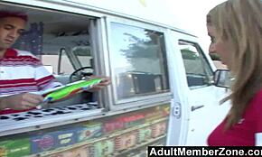 The ice cream man meets the student, they lick and fuck with creampie