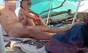 flashing my cock to stepdaughter on public beach for risky cumshot