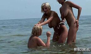 Three busty teen 18+s bare on public beach