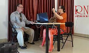 brunette secretary wife licks her juicy big pussy lips without panties in the office