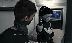 Sex robot girl gives handjob and cumshot in bedroom.