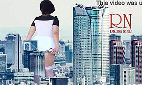 Wow, giant lady with no panties struts through city streets. Unreal giantess display! 😮