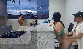 Nailing a hot Brazilian wife in the kitchen till she climaxes while hubby washes dishes.