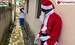 Santa Claus with long dick strokes himself outdoors, then gifts wet pussy to ebony babe