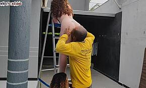 Boss Ladies Welcome Naked Visitor for Garage Group Action