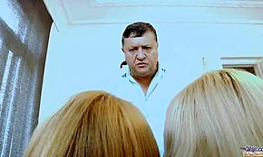 Grandpa Enjoys Blowjob from Two Cute Teen 18+ Girls