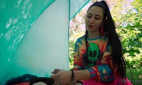Slutty Hippie Gives Free Handjob in Outdoor Tent