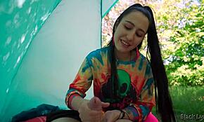 Slutty Hippie Gives Free Handjob in Outdoor Tent