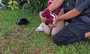 i love carresing them dirty outdoor socks on her cute body