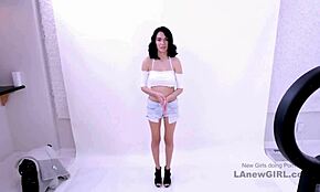 In a modeling audition, the shy brunette model gets fucked on the sofa