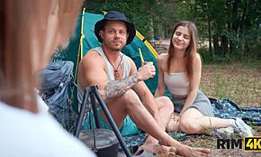 Two girls share rimjob and assfucking in camping foursome with shy teens