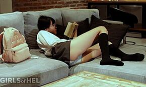 innocent asian babe wets pussy with dildo for daddy