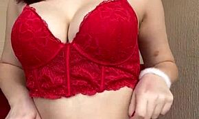 sexy red lingerie on young brunette's hot body with cool curves