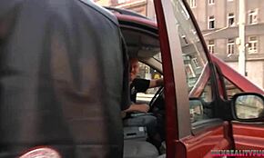 two blonde girls take amateur guy into the car for some fun