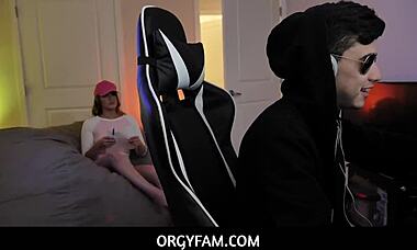 orgyfam - stepsister teen kenzie madison gets her pussy fucked hard by her stepbrother while hes playing video games