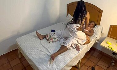 Stepmom fucks stepson backstage while girlfriend waits in living room.