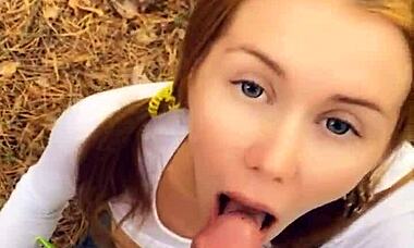 Horny teen gives a public blowjob and plays with cum in pov style