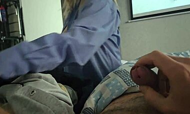 Wow! She cleans my room, I flash my dick, she spies and jerks me off with both hands!