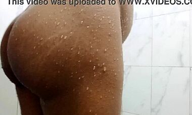 Pregnant brunette housewife bathes, needing big cock in her pussy for first time