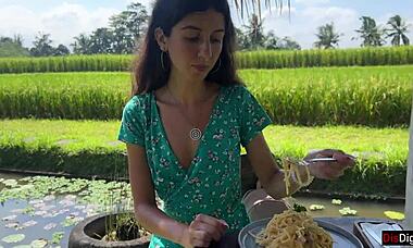cumwalk in public cafe, eating pasta carbonara with sperm on face?