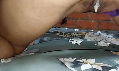 paying husband's debt by giving shaved pussy to friend for accidental creampie