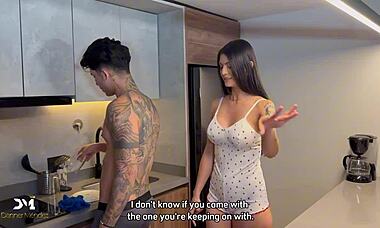 roommate fucks his teen roommate in the kitchen with big cock cum covered pussy