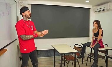 petite horny student seduces with blowjob and pussy in classroom for grade