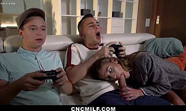 Twin stepmoms subtly take care of their stepsons in a suggestive way