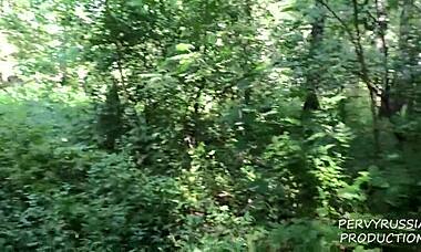 redhead caught giving blowjob in woods, bent over for public sex