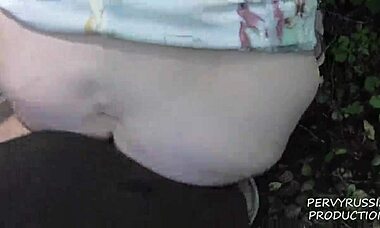 redhead caught giving blowjob in woods, bent over for public sex