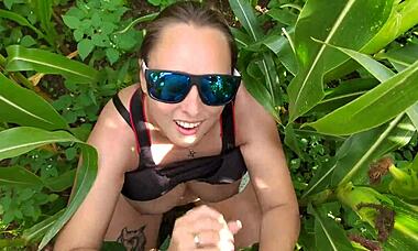Pov outdoor blowjob from stepsister in jungle setting with intense handjob