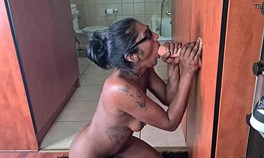 Blowing and Masturbating with Wall Dildo Solo